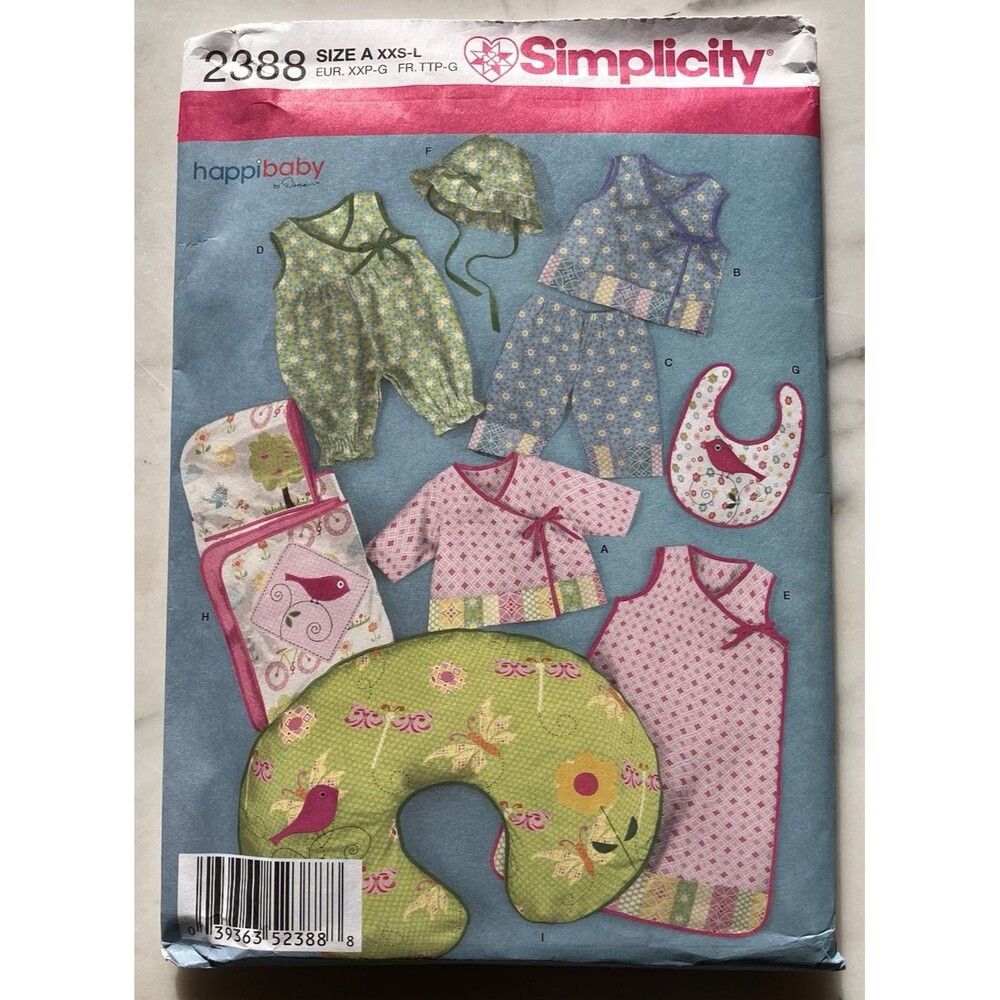 Simplicity Pattern 2388 HappiBaby Layette & Hat Sz XXS-L Bib Bath Towel Onsie‎